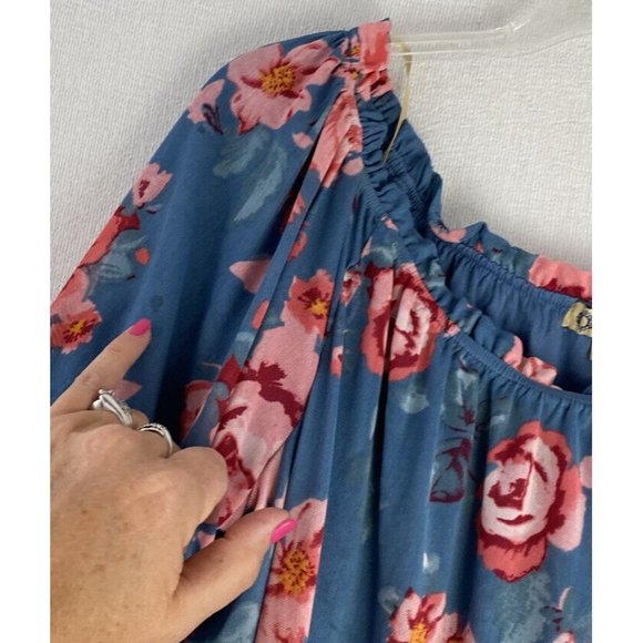 Democracy Floral Print Boho Ruffle Peasant Hippie Blouse S Mesh Fabric Blue $68 - Picture 10 of 11